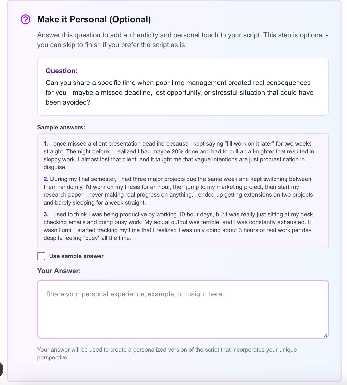 Personalization questions interface with smart guided prompts